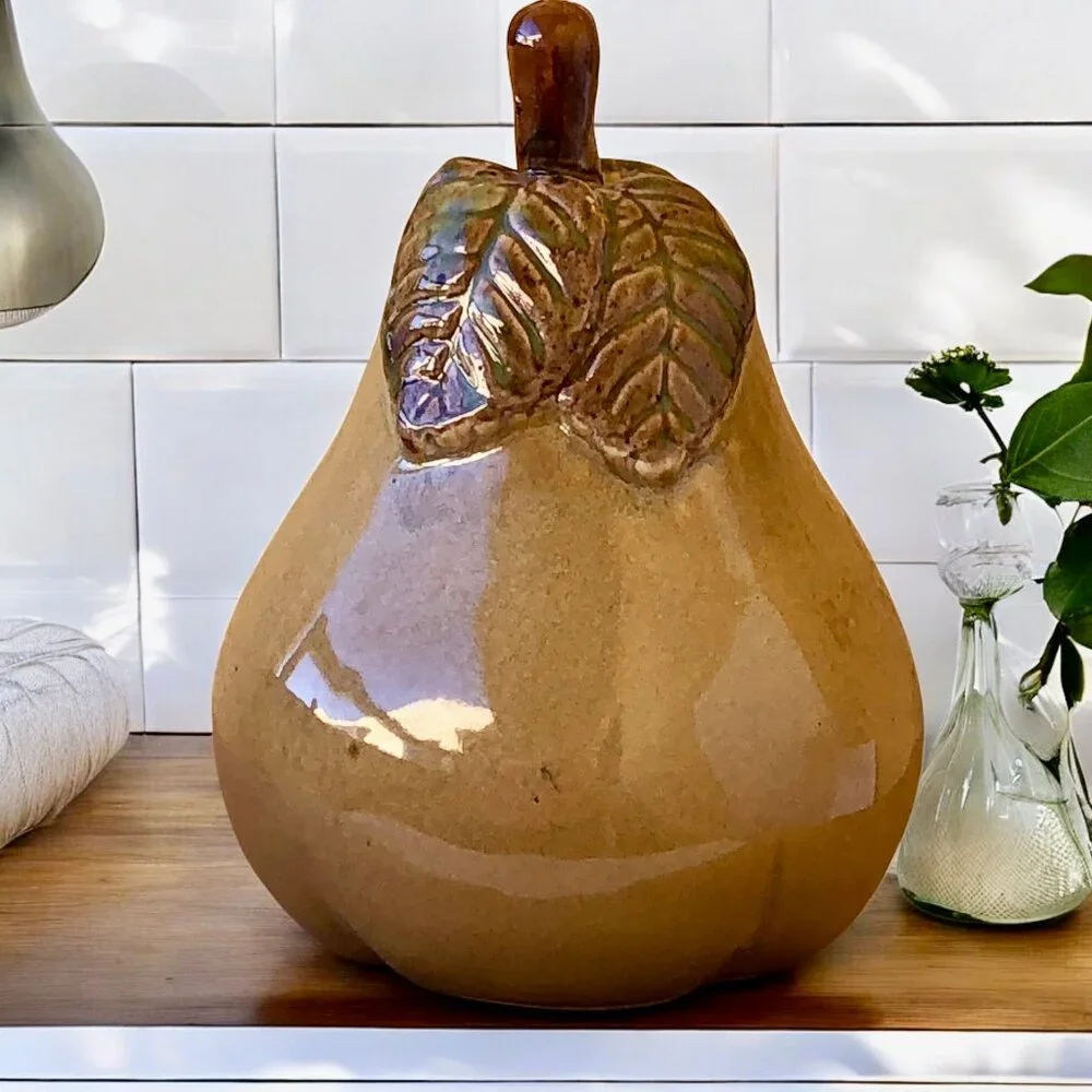 Ceramic Pear Fruit With Leaf Stem Decorative Figurine 7.6